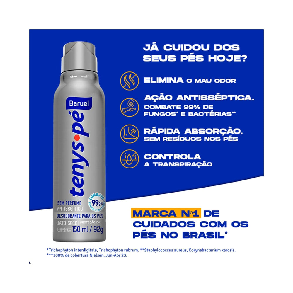 Imagem promocional do desodorante para pés Tenys Pé Jato Seco Sem Perfume 150ml da marca Baruel